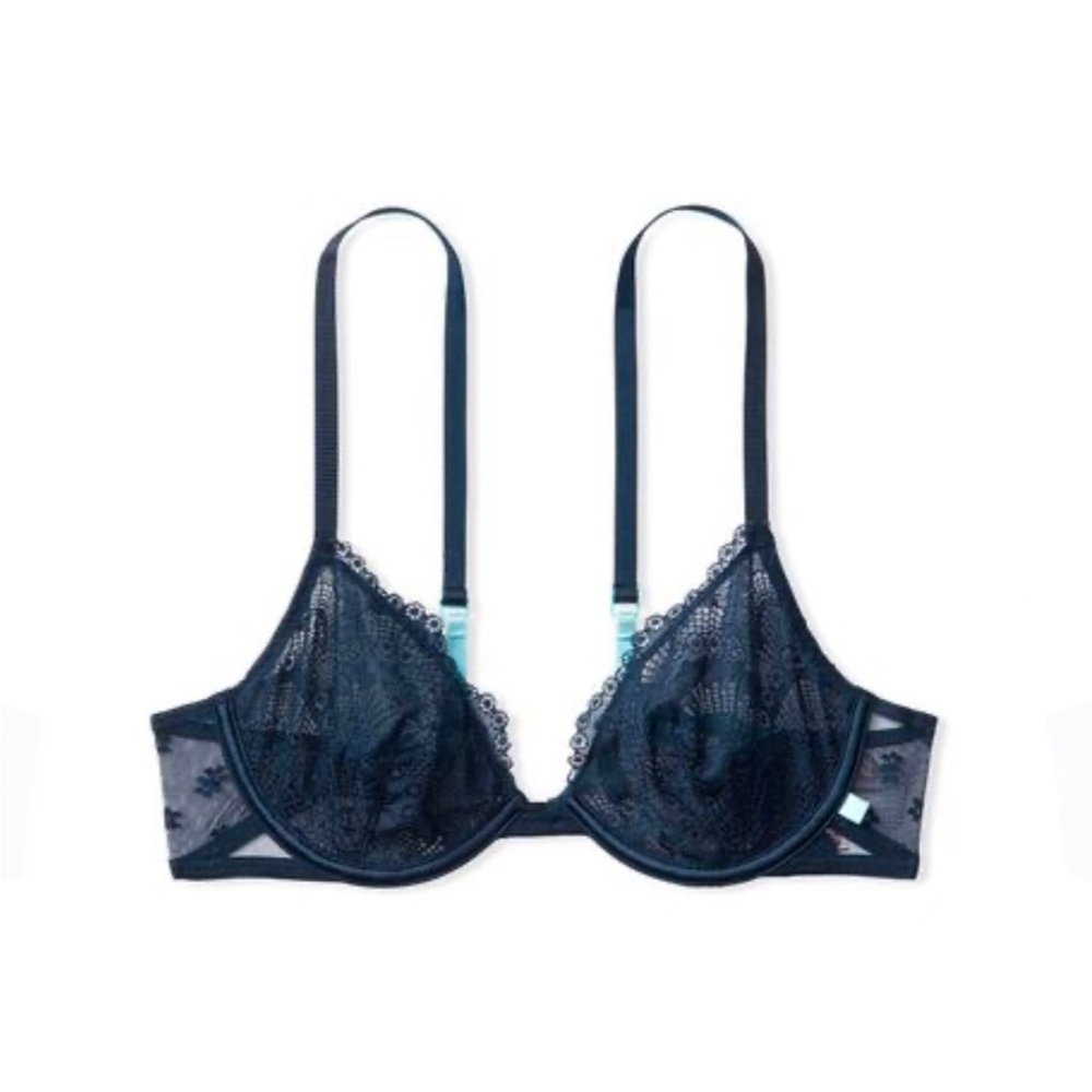 Victoria’s Secret Unlined Demi Bra Lace Mesh Delicate Navy Blue Size 34B NWT